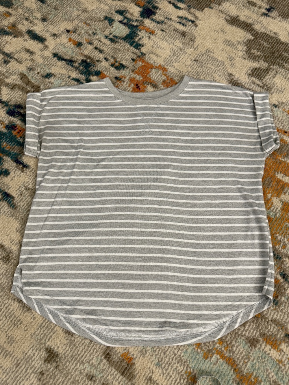 Gray & white soft knit lightweight loungewear short sleeve stripe tee shirt top
